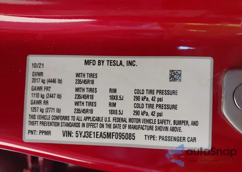 2021 Tesla Model 3 Standard Range Plus Rear-Wheel Drive from USA, damaged, VIN 5YJ3E1EA5MF095085